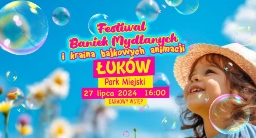 Zapraszamy na Festiwal Baniek Mydlanych i Krainę Bajkowych Animacji w Parku Miejskim w Łukowie! Czekają nas bajkowe zabawy, tysiące kolorowych baniek i mnóstwo śmiechu. 