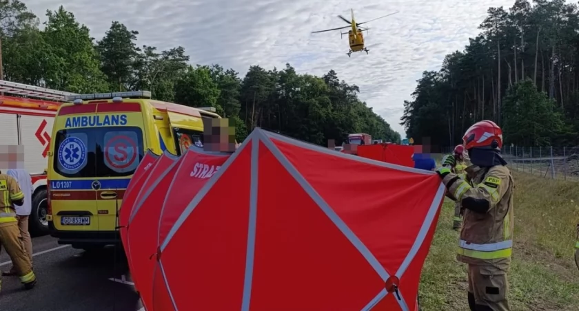 Fot. Policja!  Galeria zdjęć przedstawiająca tragiczny wypadek na obwodnicy Kocka, gdzie zginął kierowca ciężarówki. Na zdjęciach widać zdezorganizowane pojazdy po czołowym zderzeniu oraz akcję służb ratunkowych na miejscu zdarzenia.