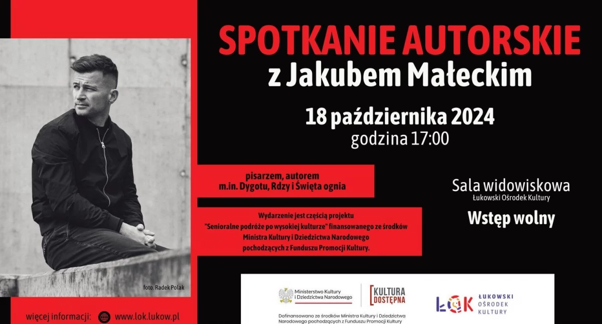Informacje kulturalne, Łukowski Ośrodek Kultury zaprasza spotkanie autorskie Jakubem Małeckim - zdjęcie, fotografia