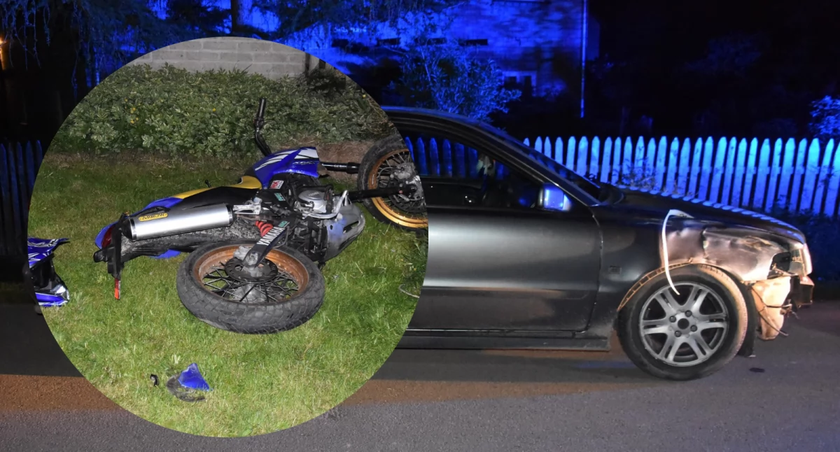 Wypadki, latek roztrzaskał motocykl aucie! Cudem przeżył dziki rajd! - zdjęcie, fotografia