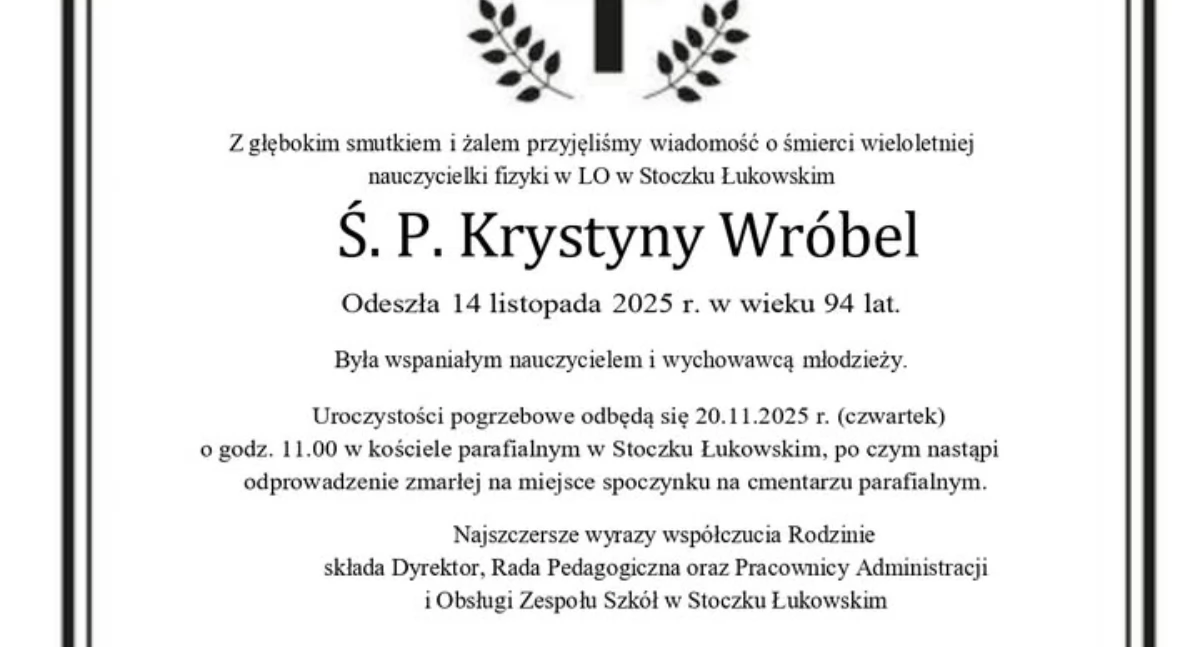 Wiadomości Partnera, Stoczku Łukowskim Zmarła Krystyna Wróbel wieloletnia nauczycielka Fizyki Liceum - zdjęcie, fotografia