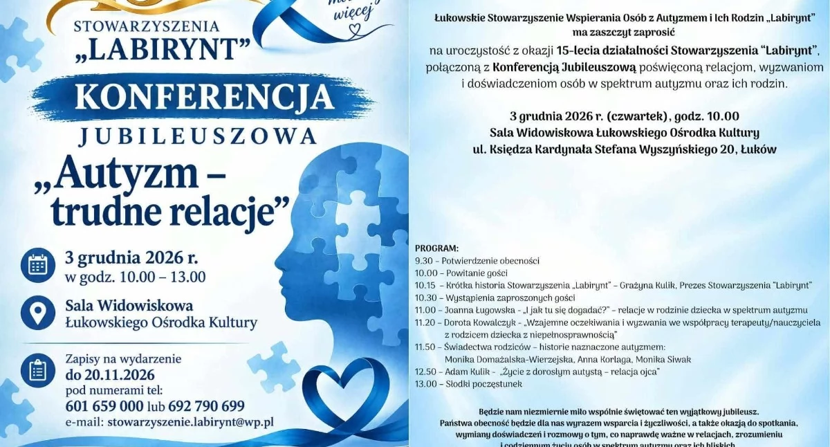 15 lat Stowarzyszenia „Labirynt”. W Łukowie odbędzie się Konferencja Jubileuszowa „Autyzm – trudne relacje”