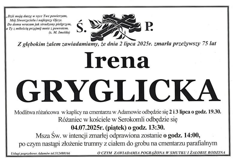 Nekrolog: śp. Irena Gryglicka, zm. 2 lipca 2025 r.