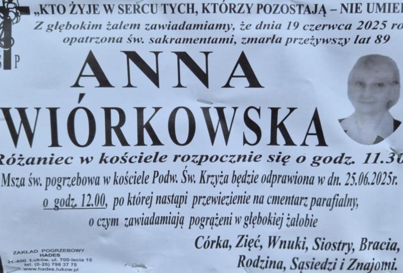 Nekrolog: śp. Anna Wiórkowska, zm. 19 czerwca 2025 r.