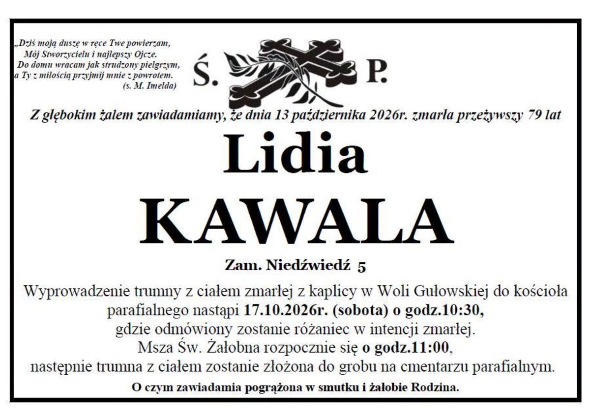 Nekrolog: śp. Lidia Kawala, zm. 13 października 2026 r.
