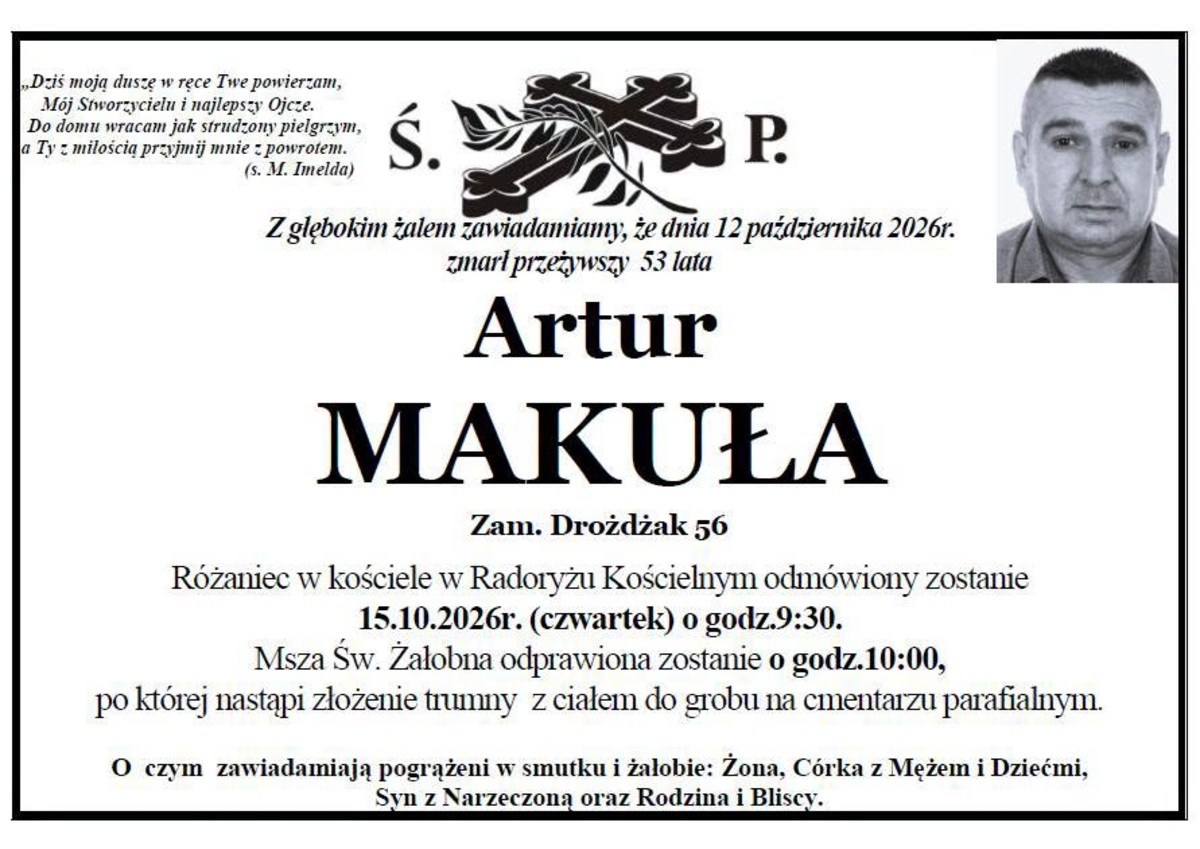 Nekrolog: śp. Artur Makuła, zm. 12 października 2026 r.