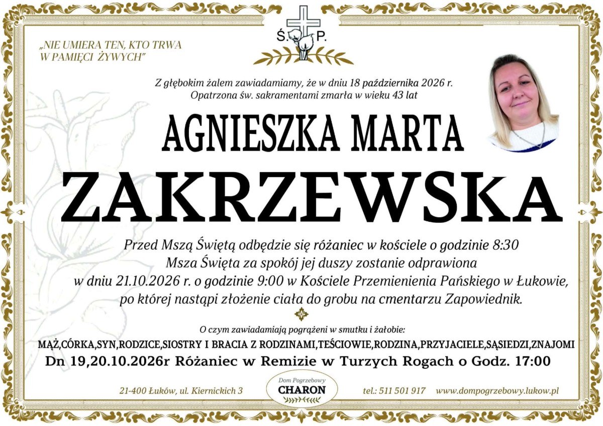 Nekrolog: śp. Agnieszka Marta Zakrzewska, zm. 18 października 2026 r.