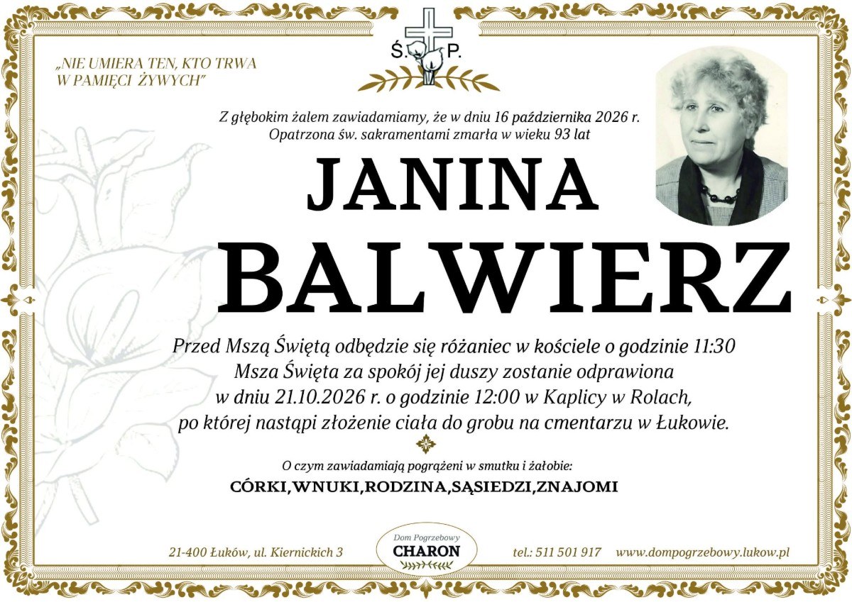 Nekrolog: śp. Janina Balwierz, zm. 16 października 2026 r.