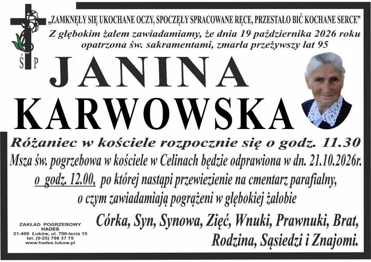 Nekrolog: śp. Janina Karwowska, zm. 19 października 2026 r.