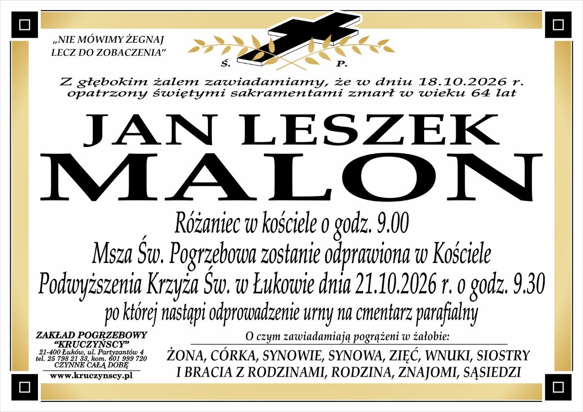 Nekrolog: śp. Jan Leszek Malon, zm. 18 października 2026 r.