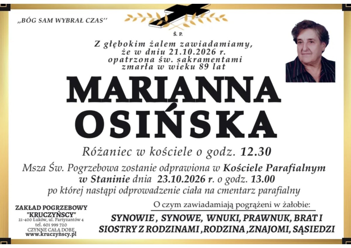 Nekrolog: śp. Marianna Osińska, zm. 21 października 2026 r.