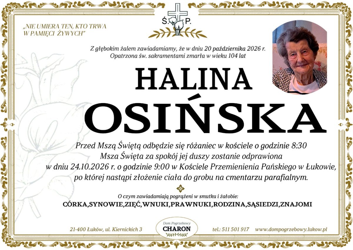 Nekrolog: śp. Halina Osińska, zm. 20 października 2026 r.