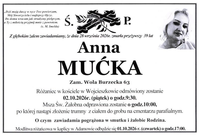 Nekrolog: śp. Anna Mućka, zm. 28 września 2026 r.