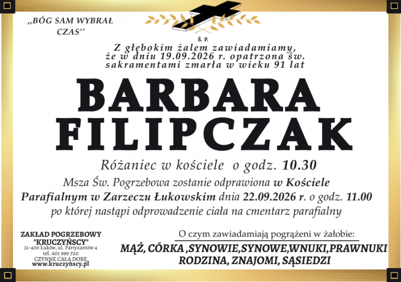 Nekrolog: Barbara Filipczak, zm. 19 września 2026 r.