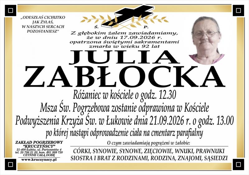 Nekrolog: Julia Zabłocka, zm. 17 września 2026 r.