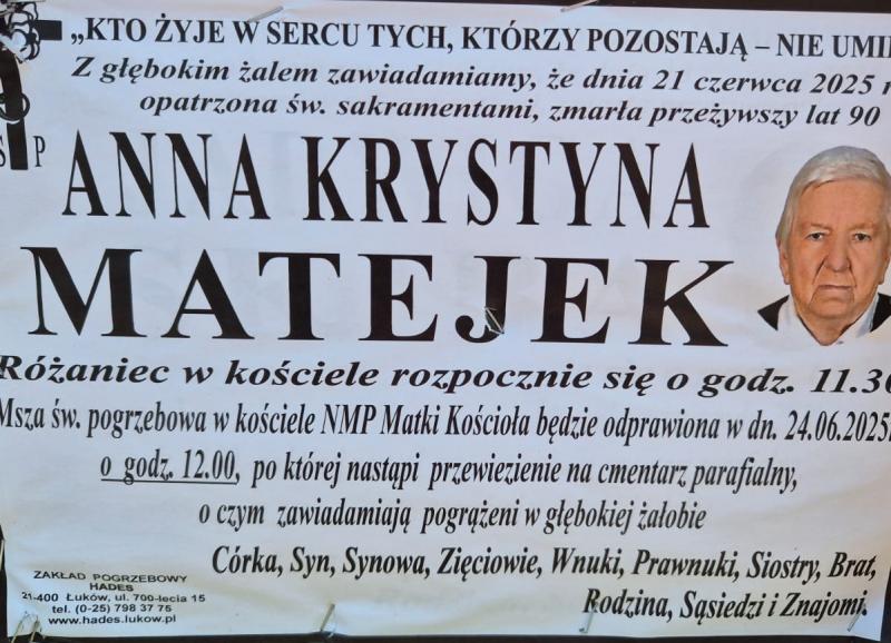 Nekrolog: śp. Anna Krystyna Matejek, zm. 21 czerwca 2025 r.