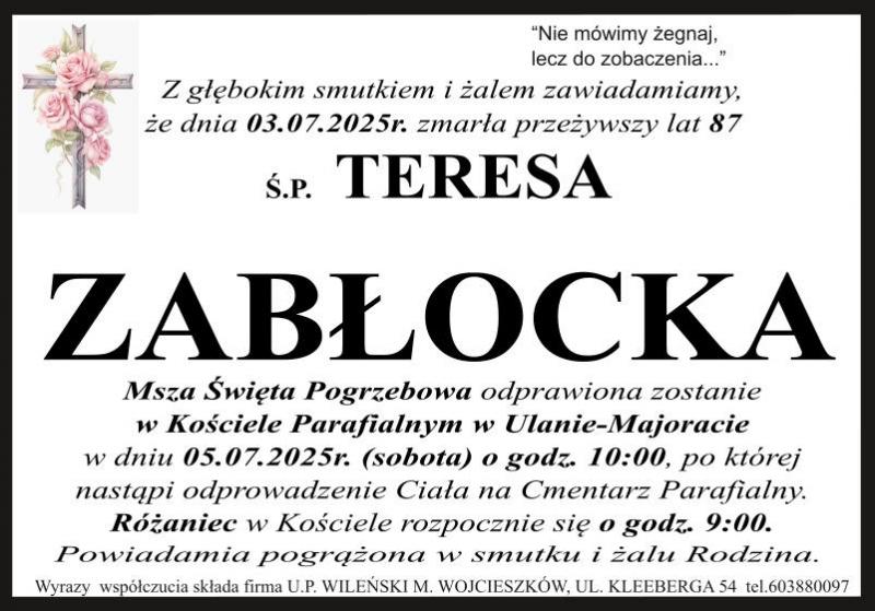 Nekrolog: śp. Teresa Zabłocka, zm. 3 lipca 2025 r.