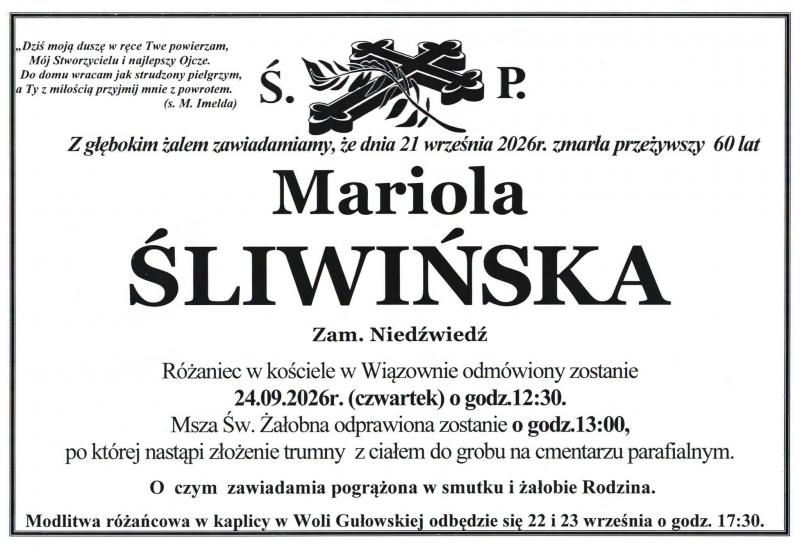 Nekrolog: Mariola Śliwińska, zm. 21 września 2026 r.