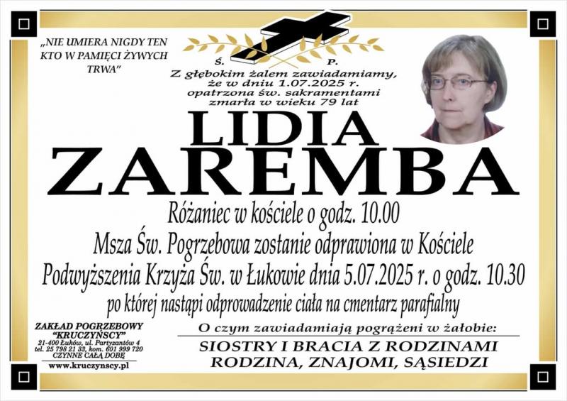 Nekrolog: śp. Lidia Zaremba, zm. 1 lipca 2025 r.