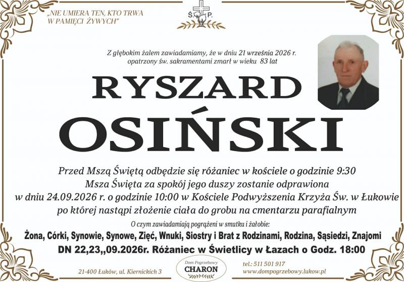 Nekrolog: Ryszard Osiński, zm. 21 września 2026 r.