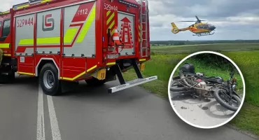 Wypadek motocyklisty na krajówce. Śmigłowiec LPR i duże siły ratowników w akcji! 