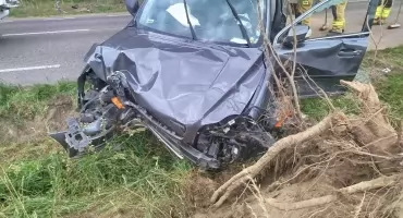 Groźnie w Starej Wróblinie. Volvo dachowało i wypadło z drogi [AKTUALIZACJA I ZDJĘCIA]